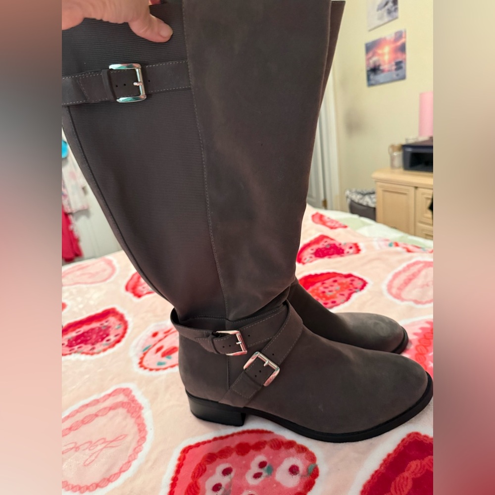 Gray Knee-High Boots with Buckle Detail